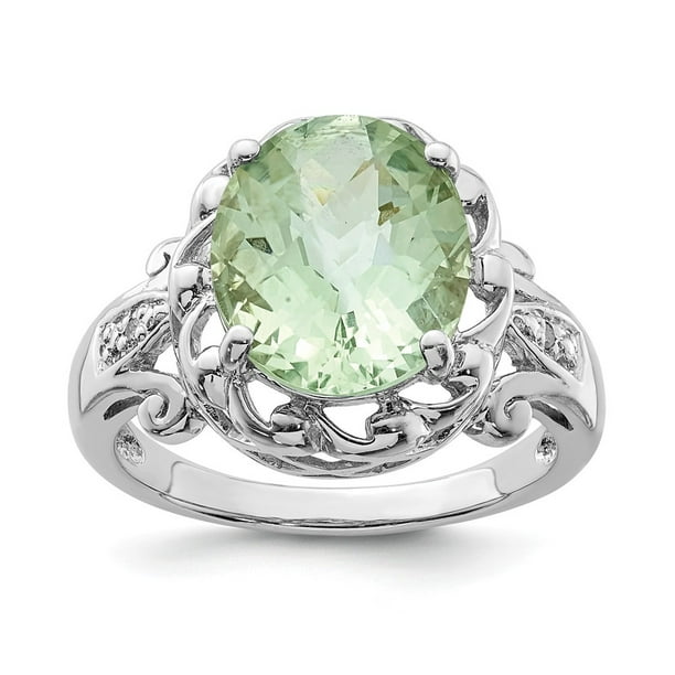 Sterling Silver 2 MM Checker-Cut Green Quartz and Diamond Ring Sterling Silver 2 MM Checker-Cut Green Quartz and Diamond Ring
